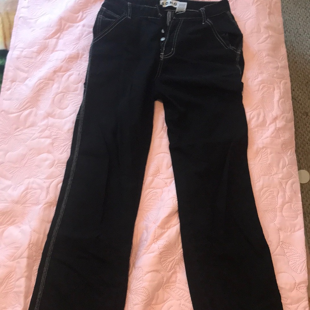 S.O.N.G black wide leg jeans with white stitches